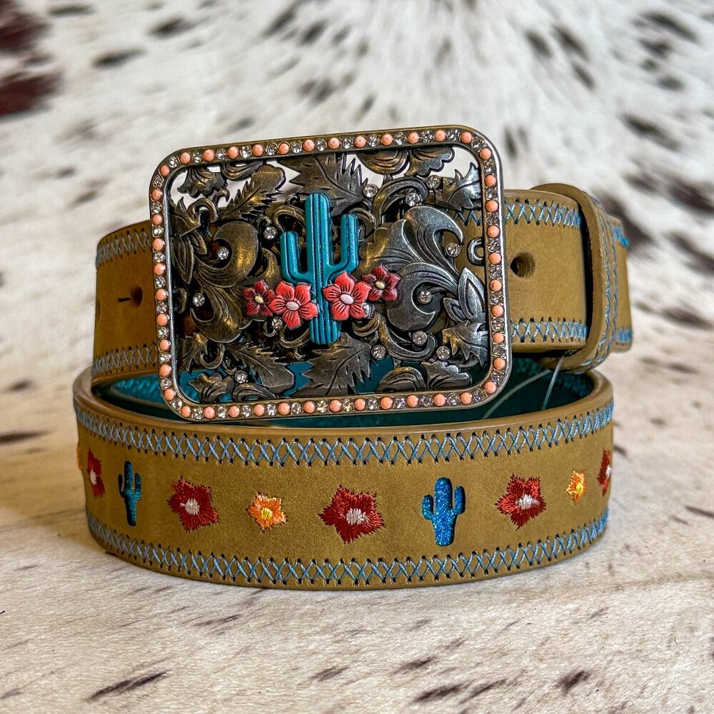 NEW Girls Cactus Flower Rhinestone Western Belt & Buckle Tan (Medium)